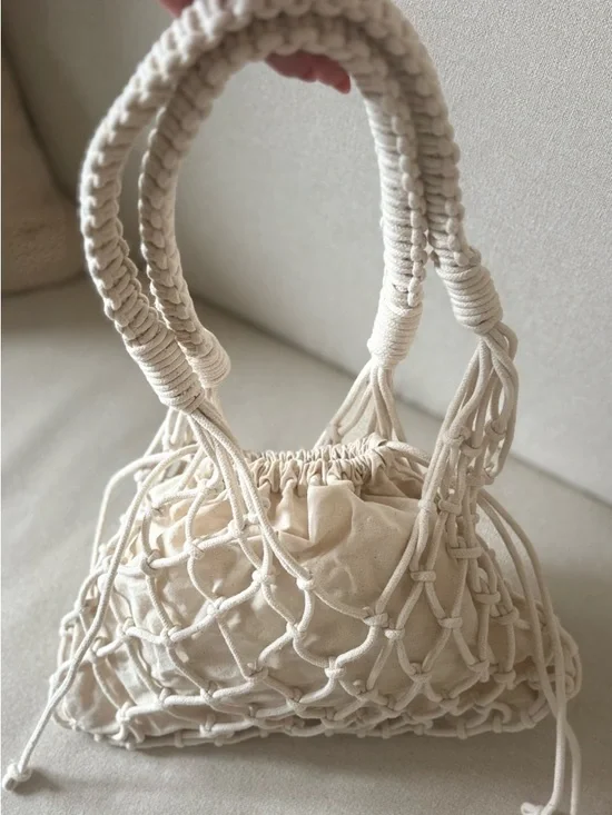 Abercrombie & Fitch NWOT Cream Macramé Drawstring Bag - Picture 2 of 5